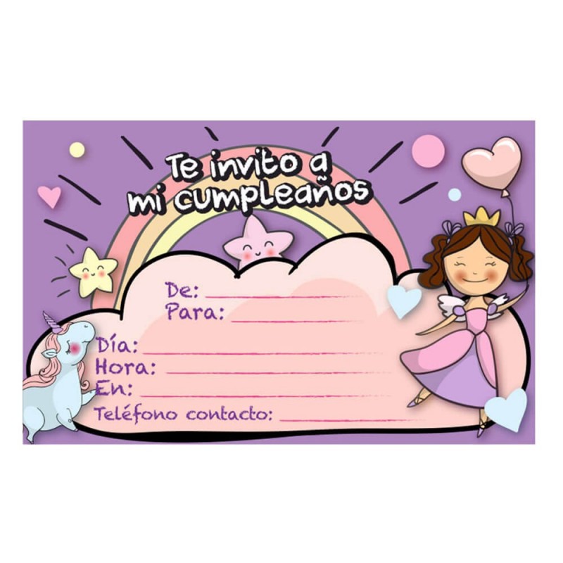 Invitaciones cumpleaños, pack de 10 con sobre. Princesa