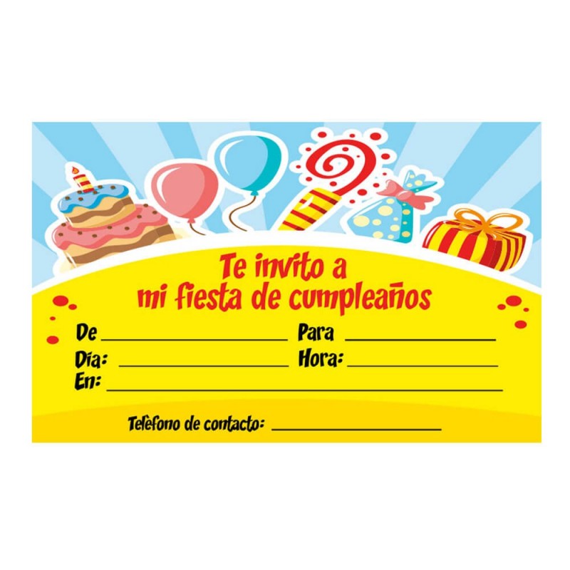 Invitaciones cumpleaños, pack de 10 con sobre. FIESTA