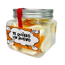 bote tarro con chucherías, gominolas. Te quiero un huevo