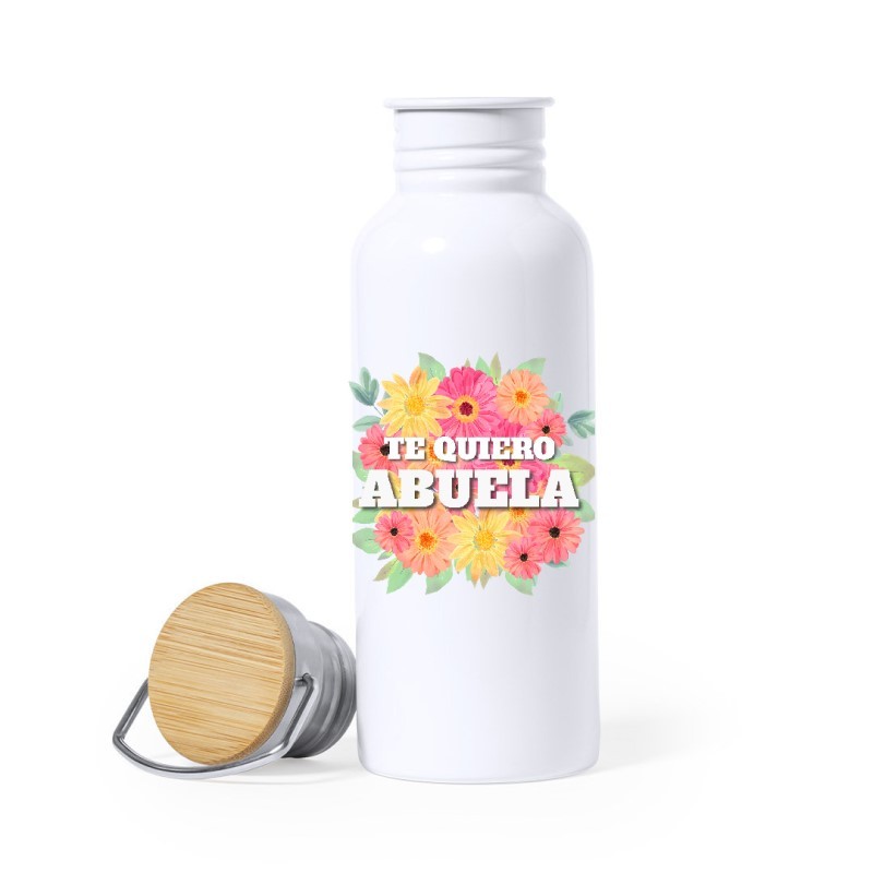 Botella termo con tapón de rosca con frase divertida para abuelas y abuelitas con flores.