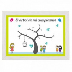 marco con lámina con árbol para que los invitados al cumpleaños dejen sus huellas y firma en tinta