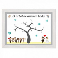 marco con lámina de arbol de huellas para que los invitados dejen su firma. Diseño para boda