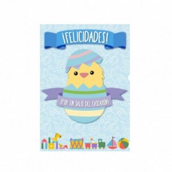 tarjeta para felicitar nacimiento de un niño. con diseño de pollito saliendo de un cascarón. Tonos azules