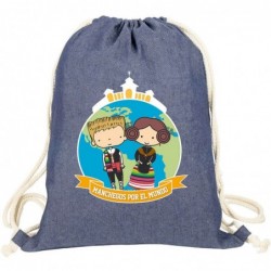 mochila saco con cuerdas, tejido vaquero denim para manchegos por el mundo y de pura cepa