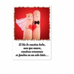 tarjeta felicitación para bodas con divertida imagen de dos dedos disfrazados de novios. Tamaño super