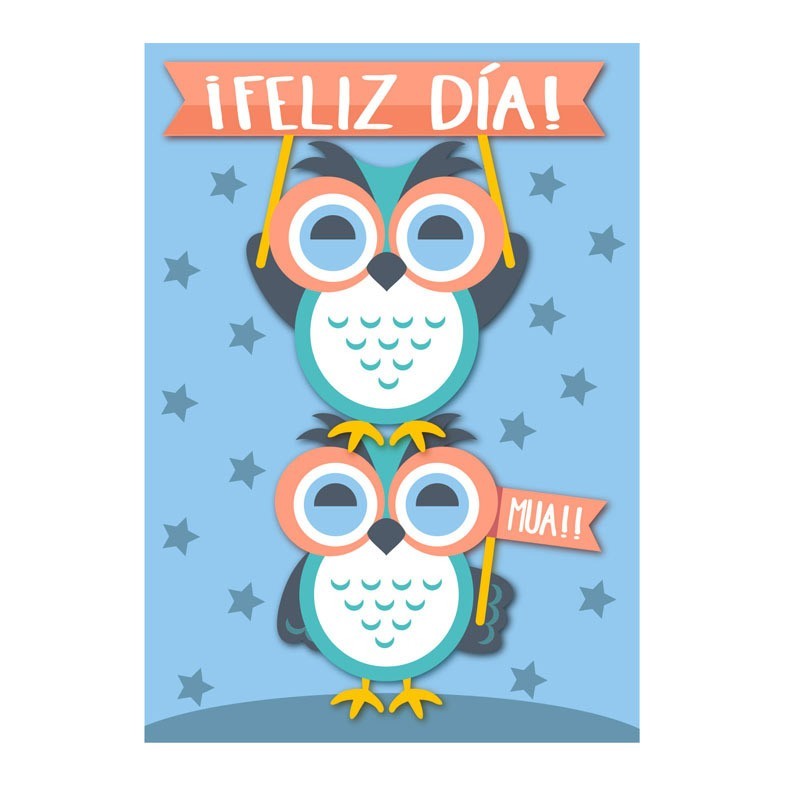 tarjeta de felicitación para felicitar un día en especial con motivos de dubetidos buhos
