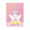tarjeta para felicitar cumpleaños con tarta y unicornio