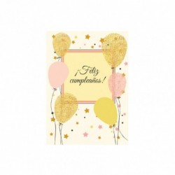 tarjeta para felicitar cumpleaños con bonitos globos dorados.