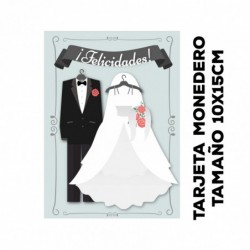 tarjeta felicitación boda, modelo billetero monedero. Dibujo de trajes de novios