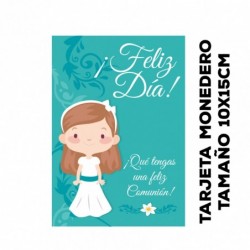 tarjeta felicitación comunión, modelo monedero-billetero. Formato mini. Modelo niña azul