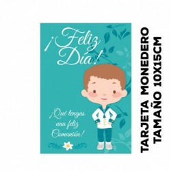 tarjeta felicitación comunión, modelo monedero-billetero. Niño en tonos azules