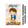 tarjeta para felicitar la comunión, puede usarse como monedero o billetero. Modelo niño cáliz. Tamaño mini