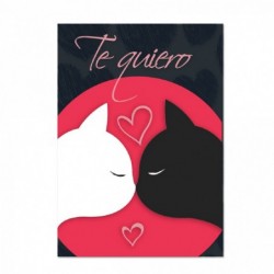 tarjeta felicitación enamorados, amor. Dibujo de gatos y texto "Te quiero"