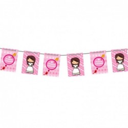 Tira de banderas, banderitas de comunión para niña en tonos rosa. MI primera comunión decoración para colgar.